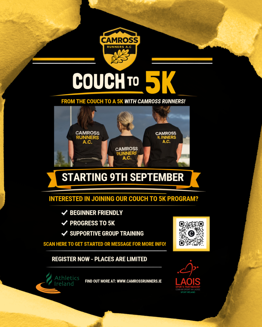 Camross Runners Couch to 5K Programme - beginner friendly, starting 9th September. Register at www.camrossrunners.ie